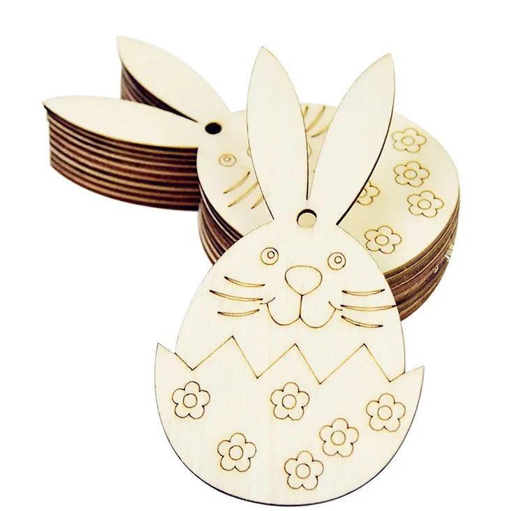 10pcs Happy Easter Wooden Eggs With Hemp Rope Bunny Rabbit Chick Wood Craft For Home Easter Party Hanging Decor Kid DIY Painting