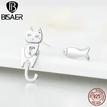 BISAER, Горячая 925 пробы, серебряные серьги-гвоздики с кошечкой, асимметричные серьги для женщин, модные ювелирные изделия, Brincos, новинка, GXE488
