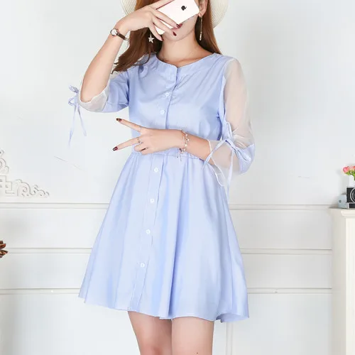 

New Style 2017 Spring Korean-style WOMEN'S Wear V-neck Stripes Waist Hugging Slimming Spell Mesh Dress