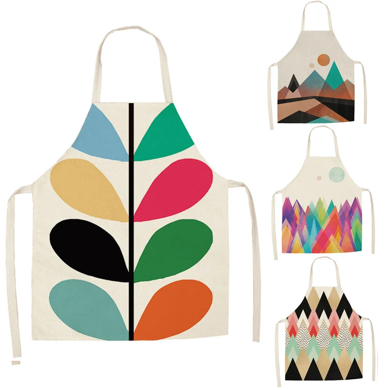 

High-Quality Mountain Cotton Linen Aprons Home Cooking Baking Coffee Shop Cleaning Leaves Pattern Apron Kitchen Accessories