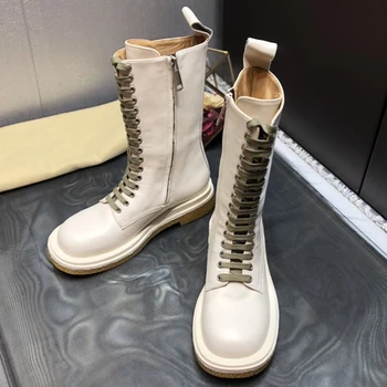 

Square Heels Long Boots Spring Autumn Brand Leather Zip Women Tied Shoes Mid-Calf Female Boots
