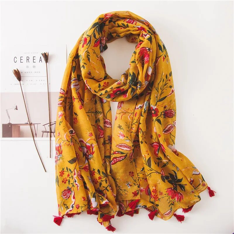 

Women Silk Scarf Hijab Head Foulard Femme Turmeric Floret Printing Cotton Sunscreen Echarpe Shawl Hijabs Scarves For Women 2019