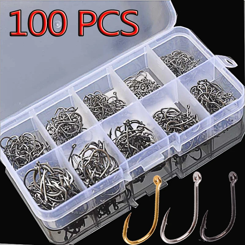 100Pcs Fishing Hooks Set Carbon Steel Single Circle Fishing Hook Fly Fishing Jip Barbed Carp Hooks Sea Tackle Accessories