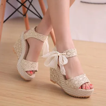 

2020 Newest Women's Shoes with Platform Lace UP Fashion Summer Bow Knot Peep Toe Slope Flip Flops Sandals Women Loafers Shoes