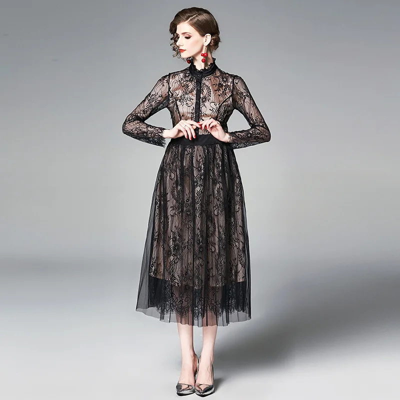 

Ozhouzhan 2019 New Products WOMEN'S Dress Long Sleeve Gauze Joint Lace Waist Hugging Fold High-End Elegant Dress