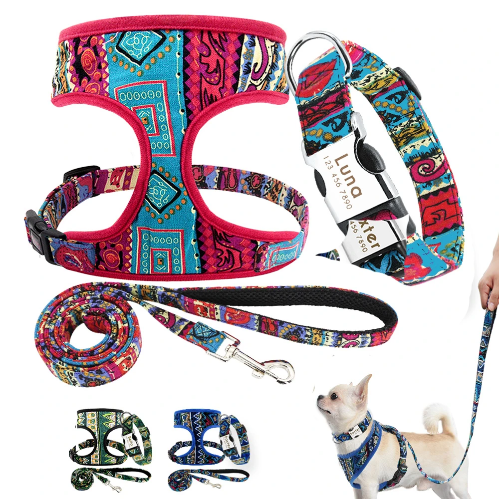 Conjunto de arnés para Collar de perro personalizado, chaleco de nailon de malla para mascotas, correa plomo, collares para perros pequeños y grandes, grabado gratis|Conjuntos| -