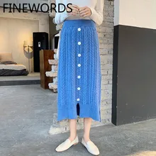 FINEWORDS, длинная синяя трикотажная юбка с разрезом, высокая талия, элегантные облегающие юбки-карандаш, Женская Корейская уличная одежда, повседневные зимние юбки