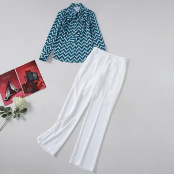 

Spring Summer Waves Geometric Print Shirts Shirt Long Sleeve Women Casual with High Waist Pants Women Straight Leg Pants Set