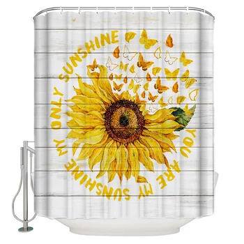 

Shower Curtain Sunflower Butterfly Wood Board Waterproof Polyester Fabric Home Decoration Bathroom Shower Curtain with Hook