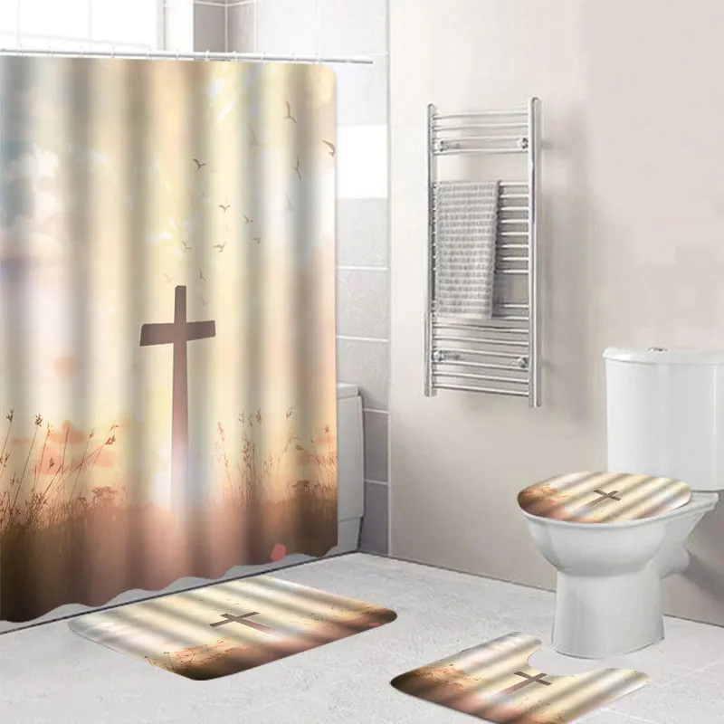 

Break Through the Clouds Redemption Waterproof Bathroom Shower Curtain Toilet Cover Mat Non-Slip Floor Mat Rug with 12 Hooks