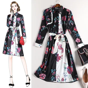

France style Vintage Belt dress 2020 Spring Fashionw women's floral print Plus size Dress XL-5XL size B688