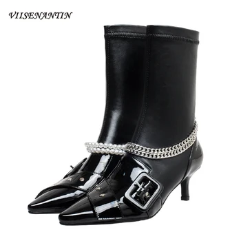 

Pearl Metal Chain Decoration Stretch Boots Women's Sexy Autumn Winter New Fashion Pointed Toe Thin Heel Belt Buckle Short Boots