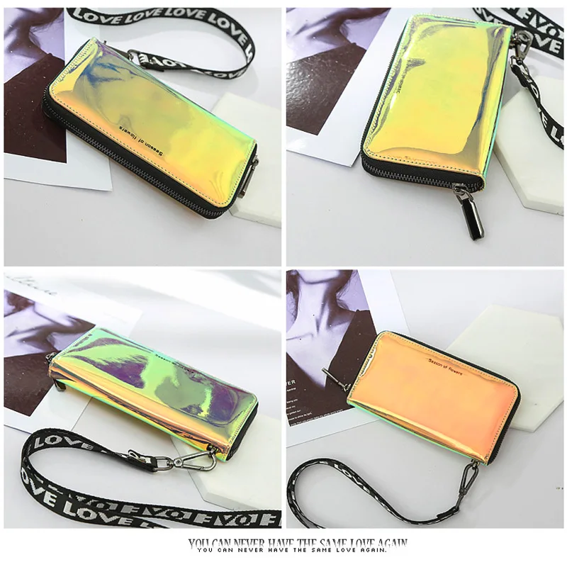 New Lanyard Laser Holographic Wallet Women Long Purse Female Clutch Bag Women Wallets Purses Zip Phone Pocket