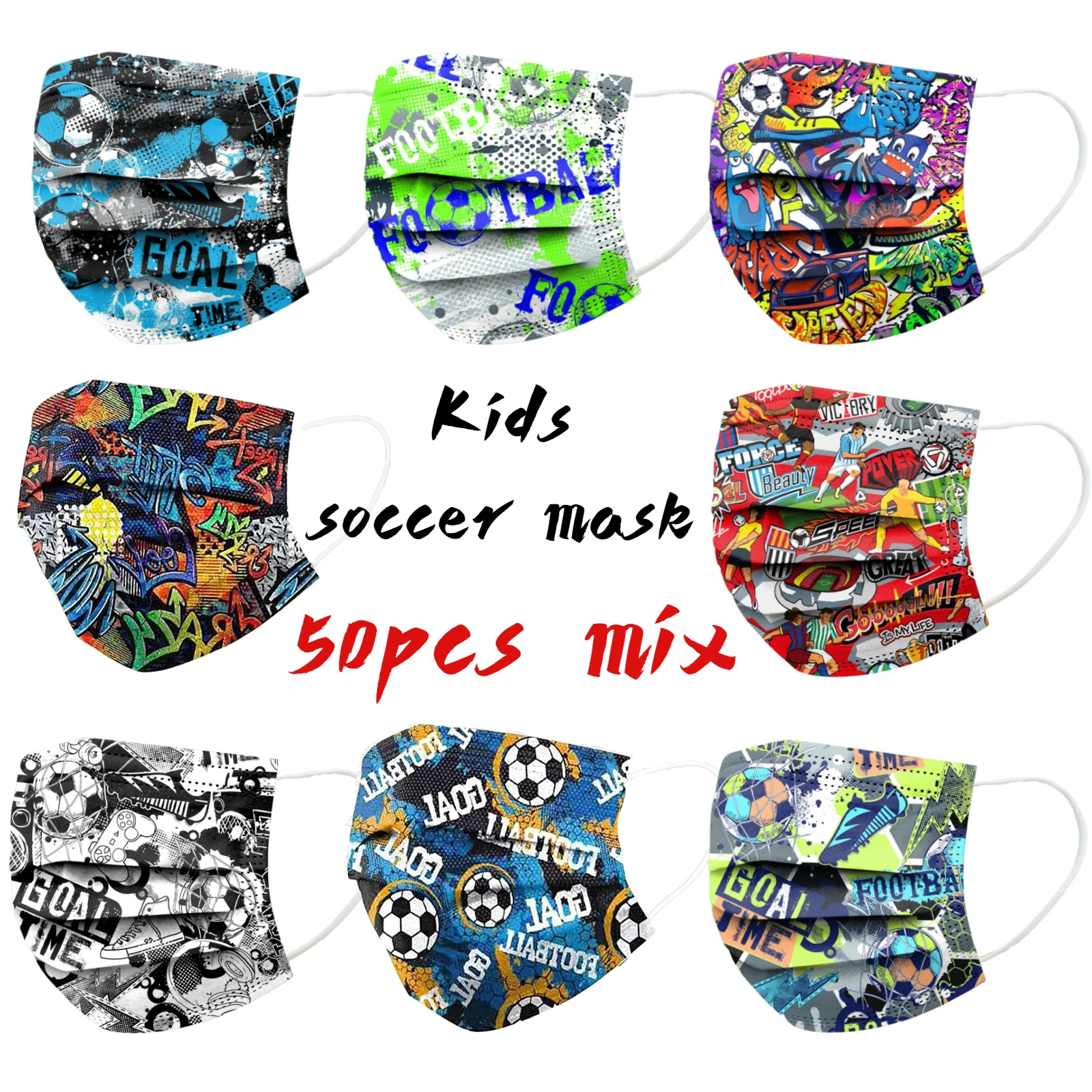 50Pcs Mascarillas Niño Football Face Mask Children's 3ply Thicken Disposable Soccer Graffiti Pattern Earloop Fast Delievry |