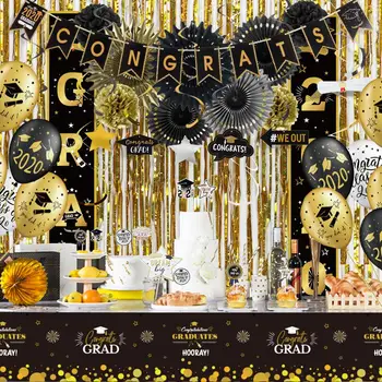 

2020 Graduation Party Decoration Hanging Congrats Banner/Swirls Photo Props Black Gold Door Curtain Class of 2020 Party Supplies