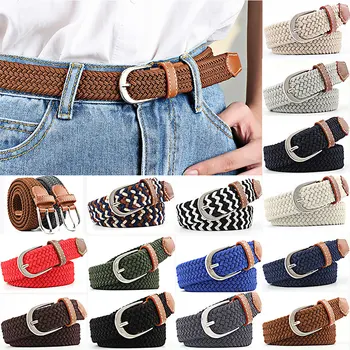 

Unisex Canvas Webbing Slim Belt Leather Trim Elastic Woven Braided Waistband NIN668