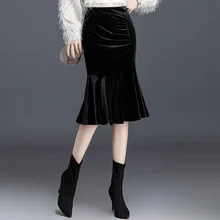 Зима Осень мода офис леди женщин s высокой талией оборками бархат труба юбка, карандаш 4xl велюр платье-русалка юбки для женщин