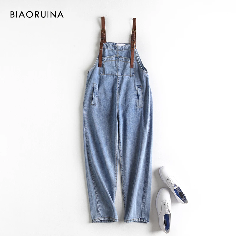 

BIAORUINA Women's Washing Blue Adjustable Strap Fashion Denim Overalls Female High Waist Ankle-length Casual Jeans Streetwear