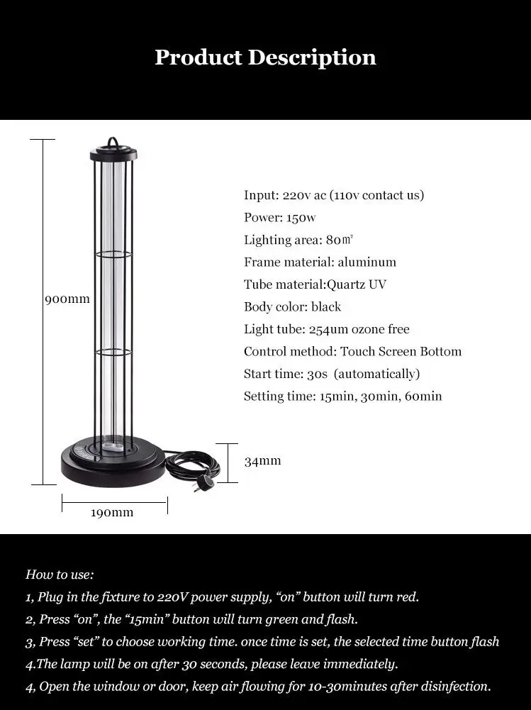 150w sterilizing UV lamp ozone free