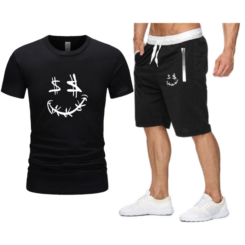 Camiseta blanca con estampado de cara de dinero para hombre, ropa de calle de gran tamaño, conjuntos de marca de Hip-Hop, chándal de pantalones cortos de playa de verano, 2021