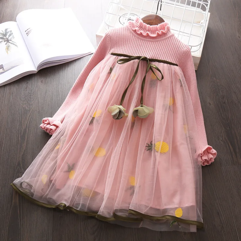 Платье для девочек элегантные осенние платья с длинными рукавами и цветочным рисунком одежда для маленьких девочек милое платье-свитер принцессы на день рождения для детей 3, 4, 5, 6, 7 лет