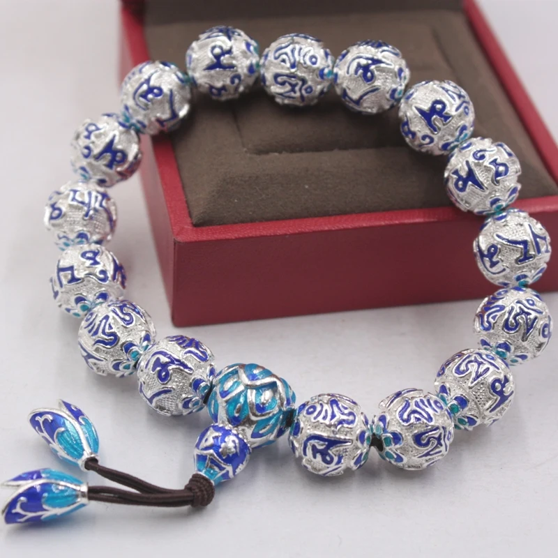 Браслет из стерлингового серебра 999 пробы, ювелирные изделия из серебра с голубой эмалью, бусины с шестью буквами, 14 МВт, Эластичный подарок для женщин/мужчин, 71 г