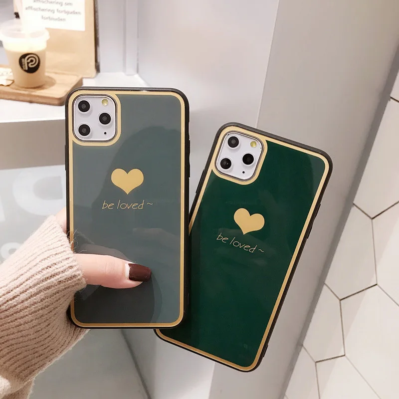 Полночно-зеленый чехол из закаленного стекла для телефона iPhone 11 Pro Max gold heart line XS XR 7
