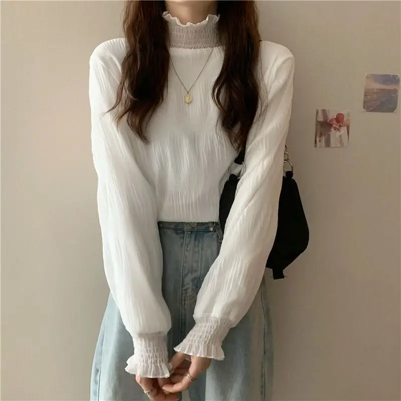 Pleated Lace Women's T-Shirts Autumn High Collar Long Sleeve Basic Ruffles Tee Tops Perspective Street Sexy Female Tshirts | Женская