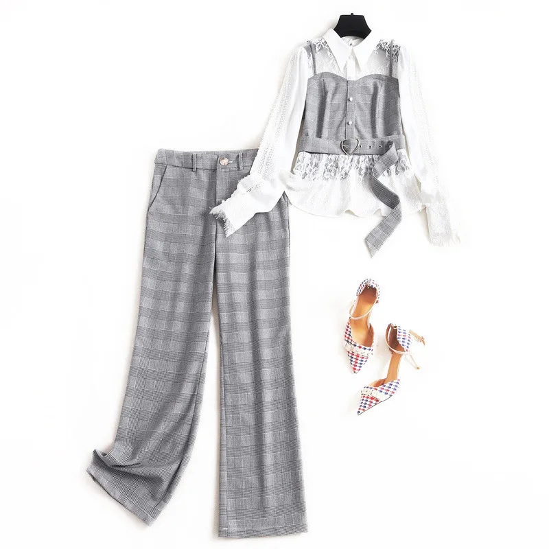 

Women girls 2020 fashion plaid trousers two piece set color block patchwork sashes lace tops high end pant suit