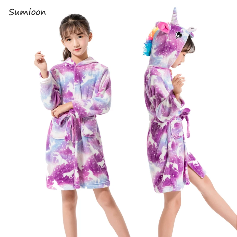 Зимние Детские Банные халаты Kigurumi с капюшоном и единорогом; банный халат с радугой; пижамы для мальчиков и девочек; ночная рубашка; детская одежда для сна - Цвет: Purple  Pegasus