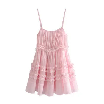 

Sweet Pink Mesh Mini Dress Women Ruffles Spaghetti Straps Backless Dress Female Pink Party Club Dresses Vestidos