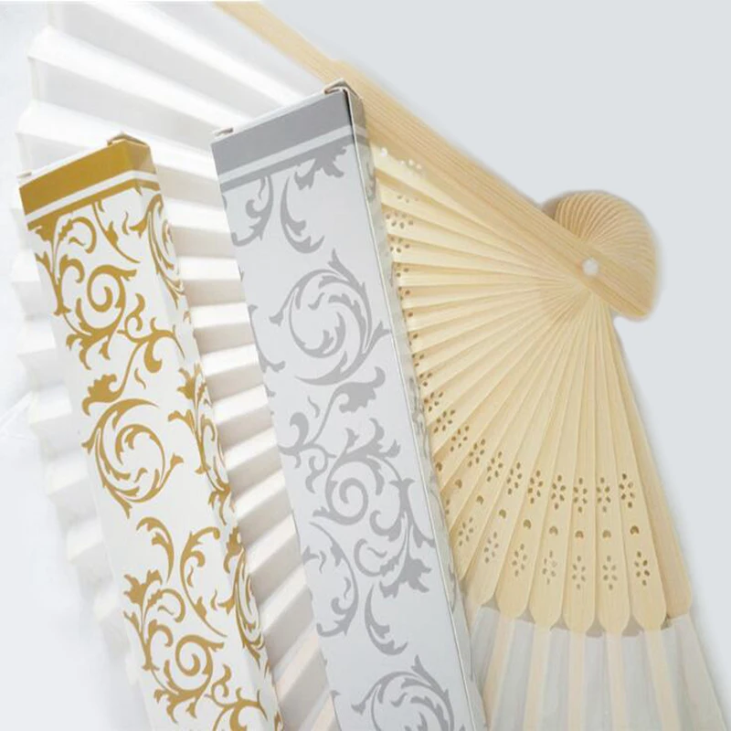 

50pcs/lot Custom Folding Fan Personalized Bride & Groom's Name & Date Silk Wedding Hand Fan with Gift Box