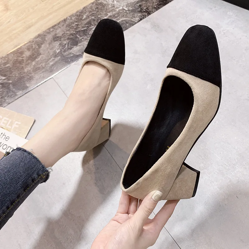 

Europe And America 2019 New Style Graceful Square Head Semi-high Heeled Stiletto Shoes Suede Double Color Low-Cut WOMEN'S Shoes