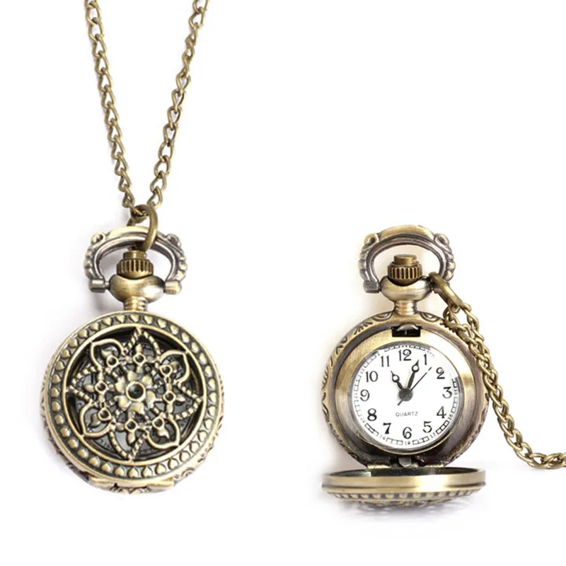 

Women Men Pocket Watch Vintage Small Size Lotus Hollow Out Quartz Clock Necklace Chain SP99