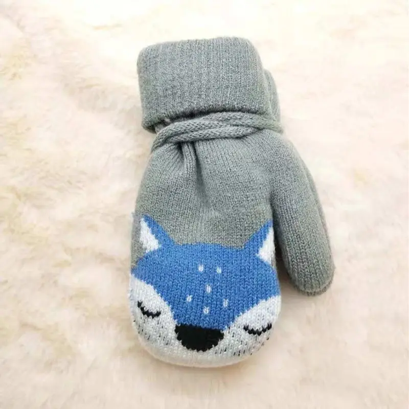 New Cute Cartoon Fox Baby Gloves Baby Winter Wool Plus Thick Full Rope Finger Mittens Boy Girl Warm Knitted Glove for Kids Boys