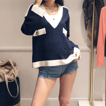 

New V-neck Pocket Hit Color Loose Knitting Sweater Long Sleeve Casual Knitwear Pullover