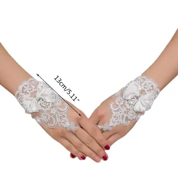 

Embroidery Lace Short Gloves Satin Bowknot Rhinestone Ribbon Mittens LX9E