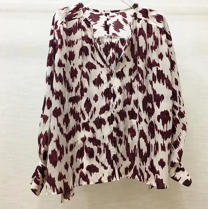 

Burgundy Print OVERSIZED Blouse V-NECK WITH TIED LONG SLEEVES 100% SILK TOP