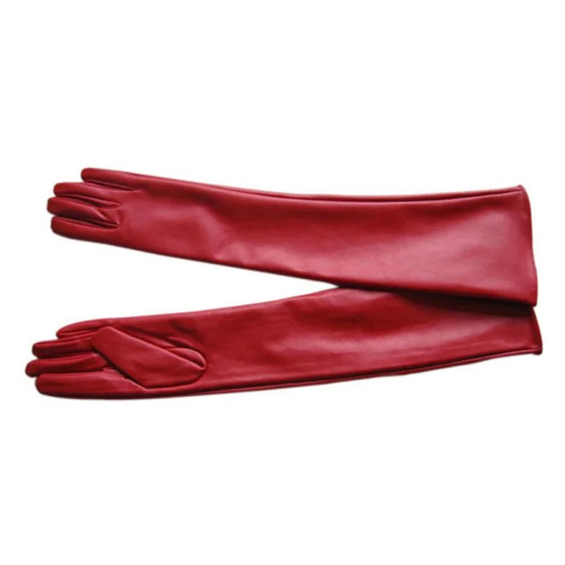 Women PU Faux Leather Elbow Gloves Winter Long Gloves Warm Lined Finger Gloves M-XL - Цвет: Красный