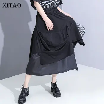 

XITAO Irregular Patchwork Pleated Skirt Women Clothes 2020 Summer New Fashion Loose Elastic Waist Match All Skirt ZP1162