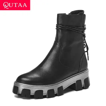 

QUTAA 2020 Platform Cow Leather Lace Up Zipper Women Shoes Autumn Winter Square Med Heel Round Toe Casual Ankle Boots Size 34-39