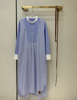 

Luxury Brand Long Shirt Dress 2020 Early Autumn Women Casual Loose Long Sleeves Stand Collar Irregular Striped Patchwork Dresses