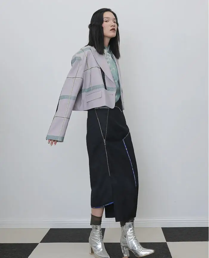 Longqibao Women's New Fashion Asymmetric Zipper Stitching English Cloth Edge Worsted Wool Skirt Winter Clothes Women Streetwear