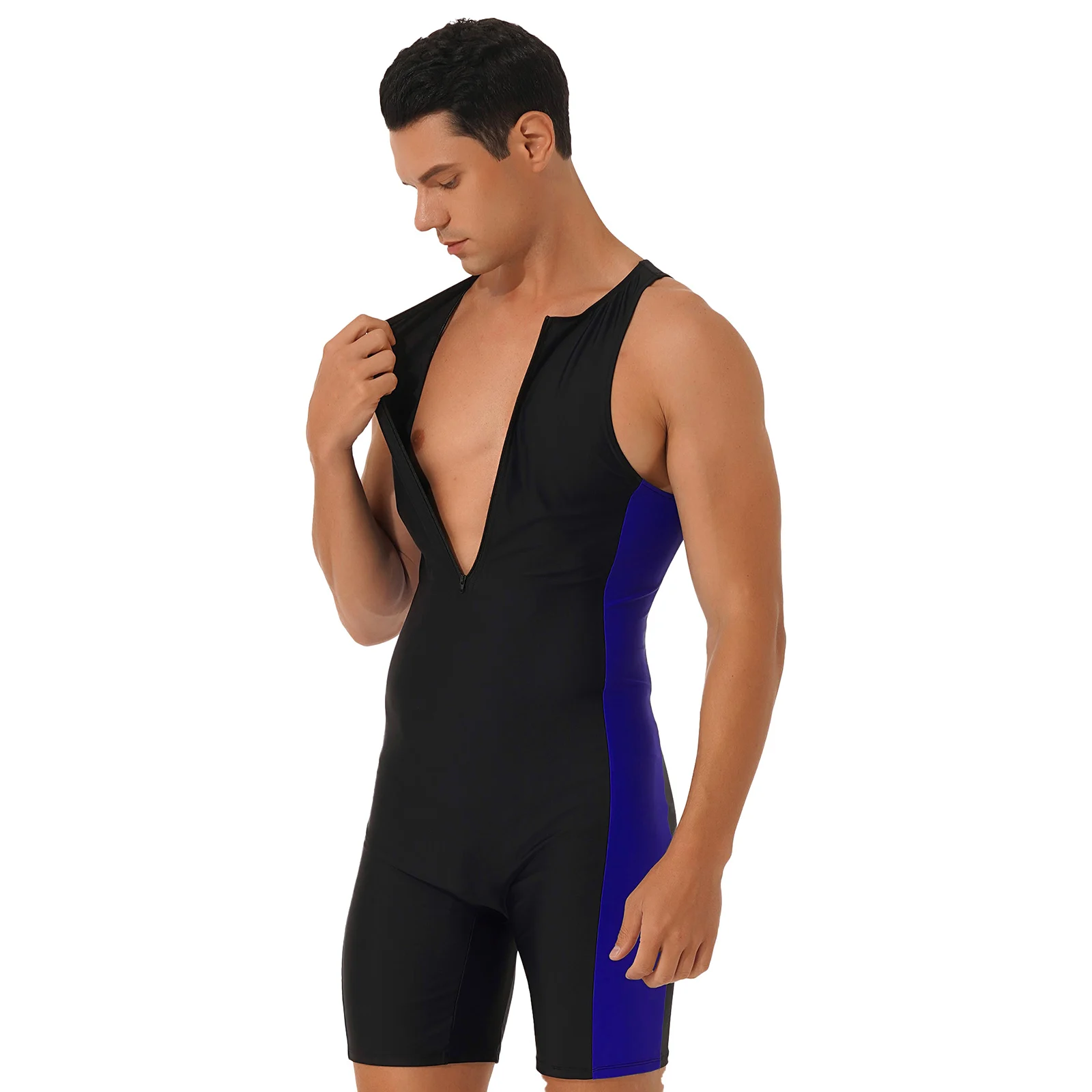 Men swimsuit, male swim rash guard Men One-piece Swimwear Sleeveless Zipper Bodysuit Swimsuit Triathlon Wetsuit Rash Guard Beach Pool Bathing Suit Surf Clothing