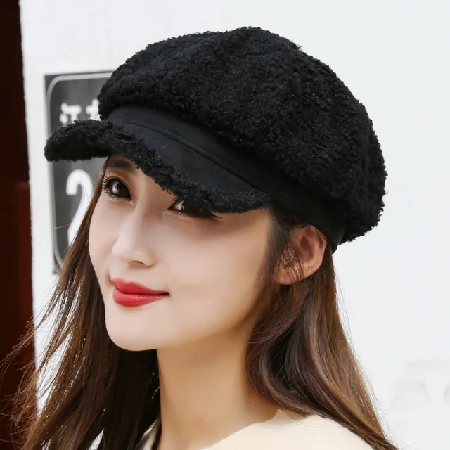 Winter Women's Cap Ladies Octagonal Hat Beret Lambswool Plush Warm Outdoor Female Visor Soft High Quality BT0057 black