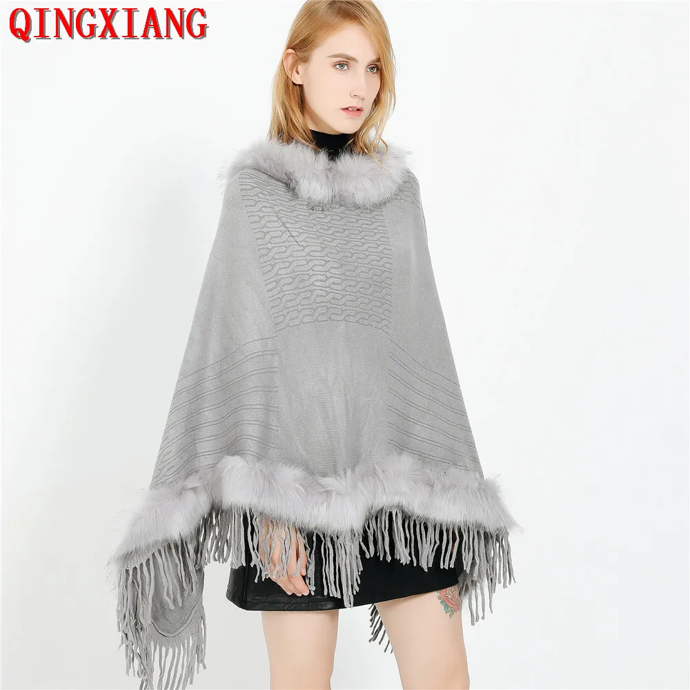 

2020 Autumn Winter Women Fake Cashmere Plus Size Triangle Tassel Sweaters Shawl O Neck Fur Poncho Cape Faux Fur Loose Pullovers