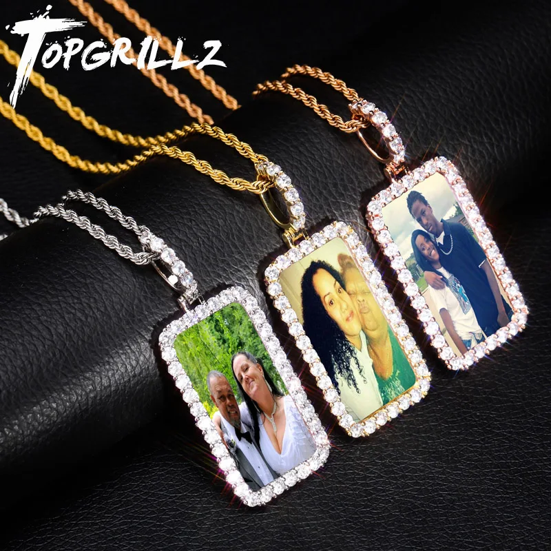 TOPGRILLZ Custom Made Photo Square Medallions Necklace & Pendant With 4mm Tennis Chain Gold Silver Zircon Men's Hip hop Jewelry kqdance luxury big square 20mm lab green gem emerald paraiba tourmaline diamond tennis chain necklace silver gold plated jewelry