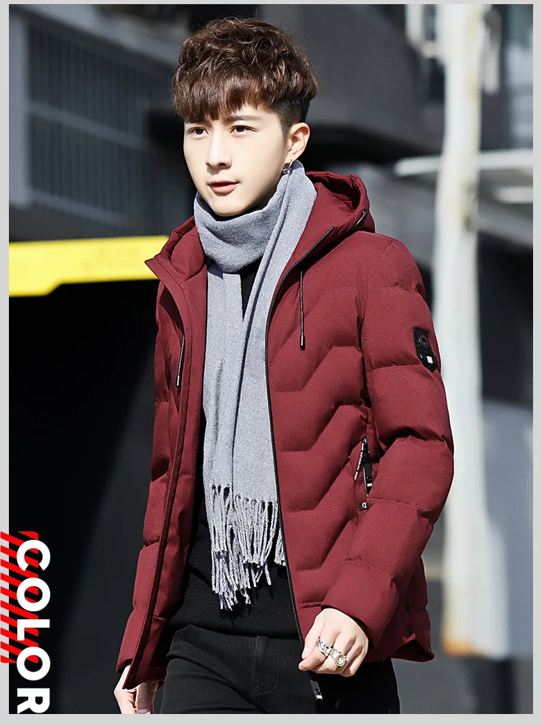 Winter MEN'S Wear Long Sleeve Hooded Solid Color Badge Cotton-padded Clothes Fashion Teenager Korean-style Slim Fit Men Thick Co
