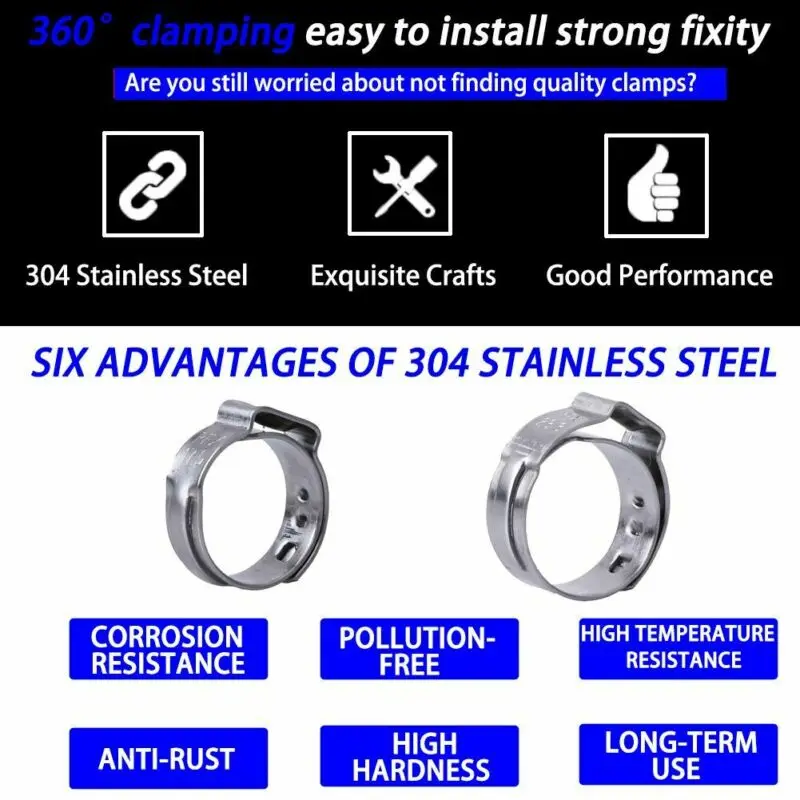 

90* Clamp Cinch Ring 3/8'' 1/2" 3/4" 1'' 304 Stainless Steel Hose Clamp Supplies