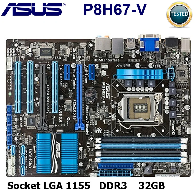 LGA1155 Материнская плата ASUS P8H67-V DDR3 LGA1155 H67 настольных USB3.0 32 Гб процессор i7 i5 i3 P8H67-V б/у